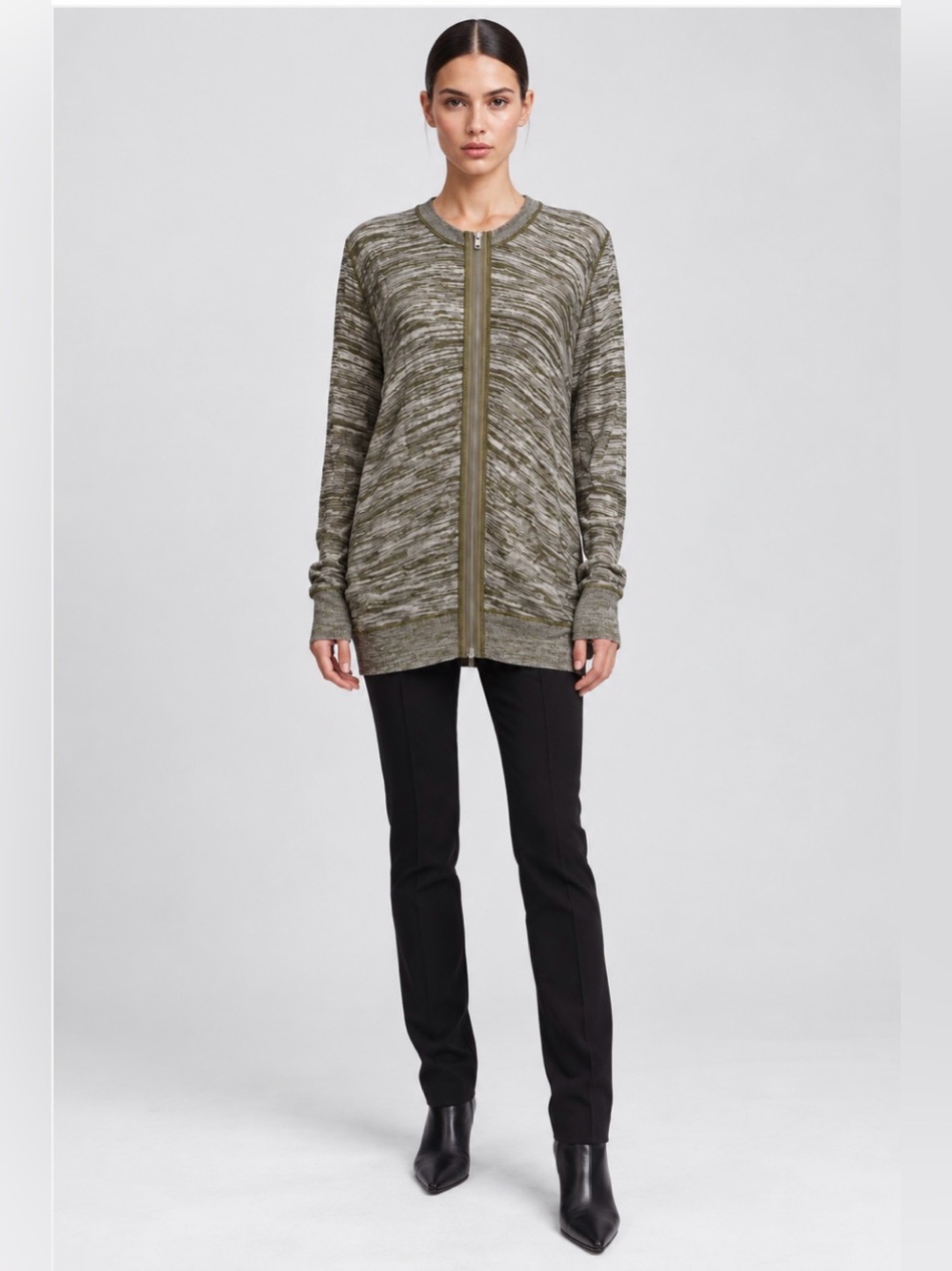 Alexander Wang Olive Marled Zip-Front Cardigan with Open Back